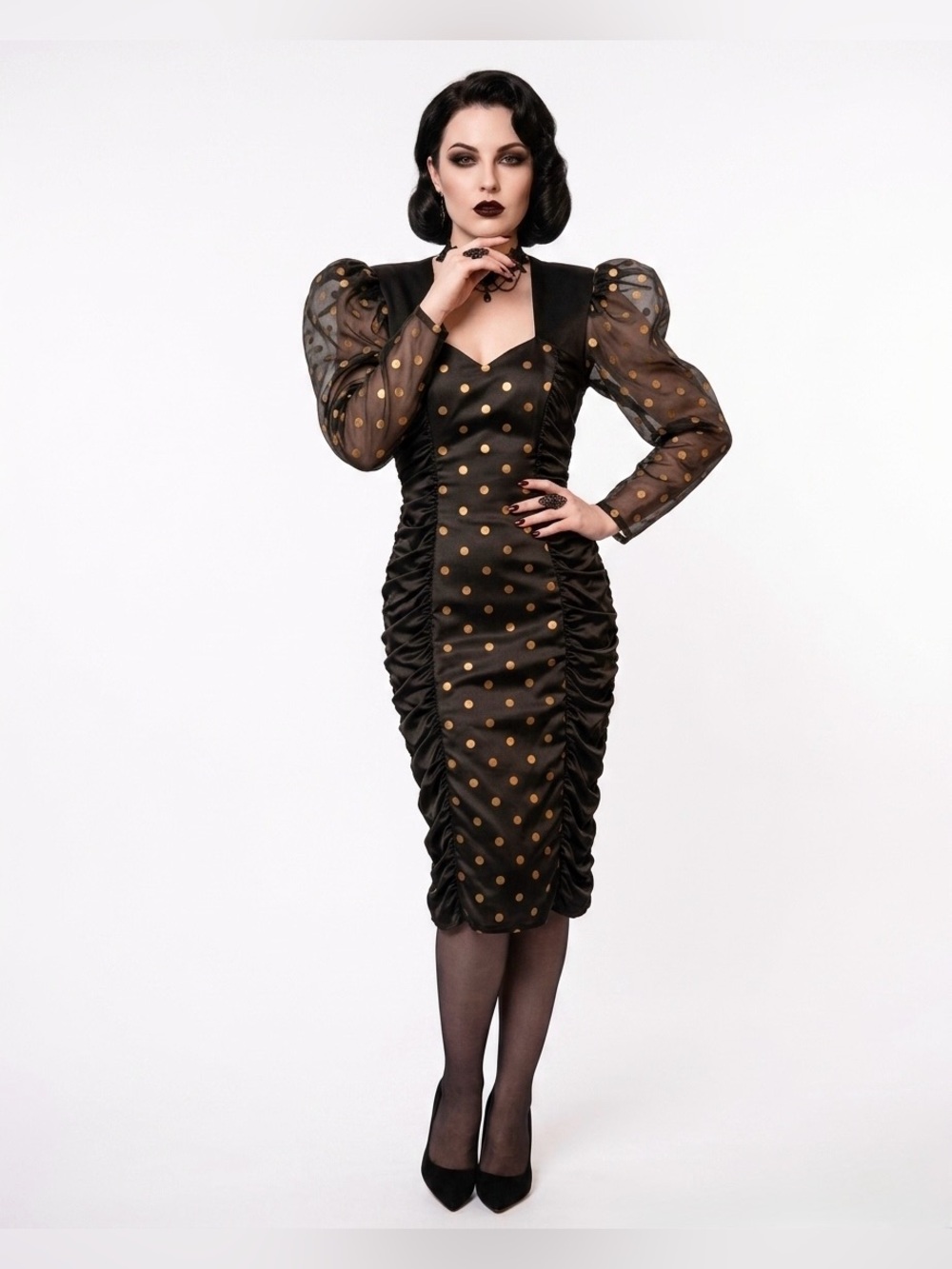 Vintage 80s Mayvens of California Polka Dot Puff Sleeve Bodycon Dress